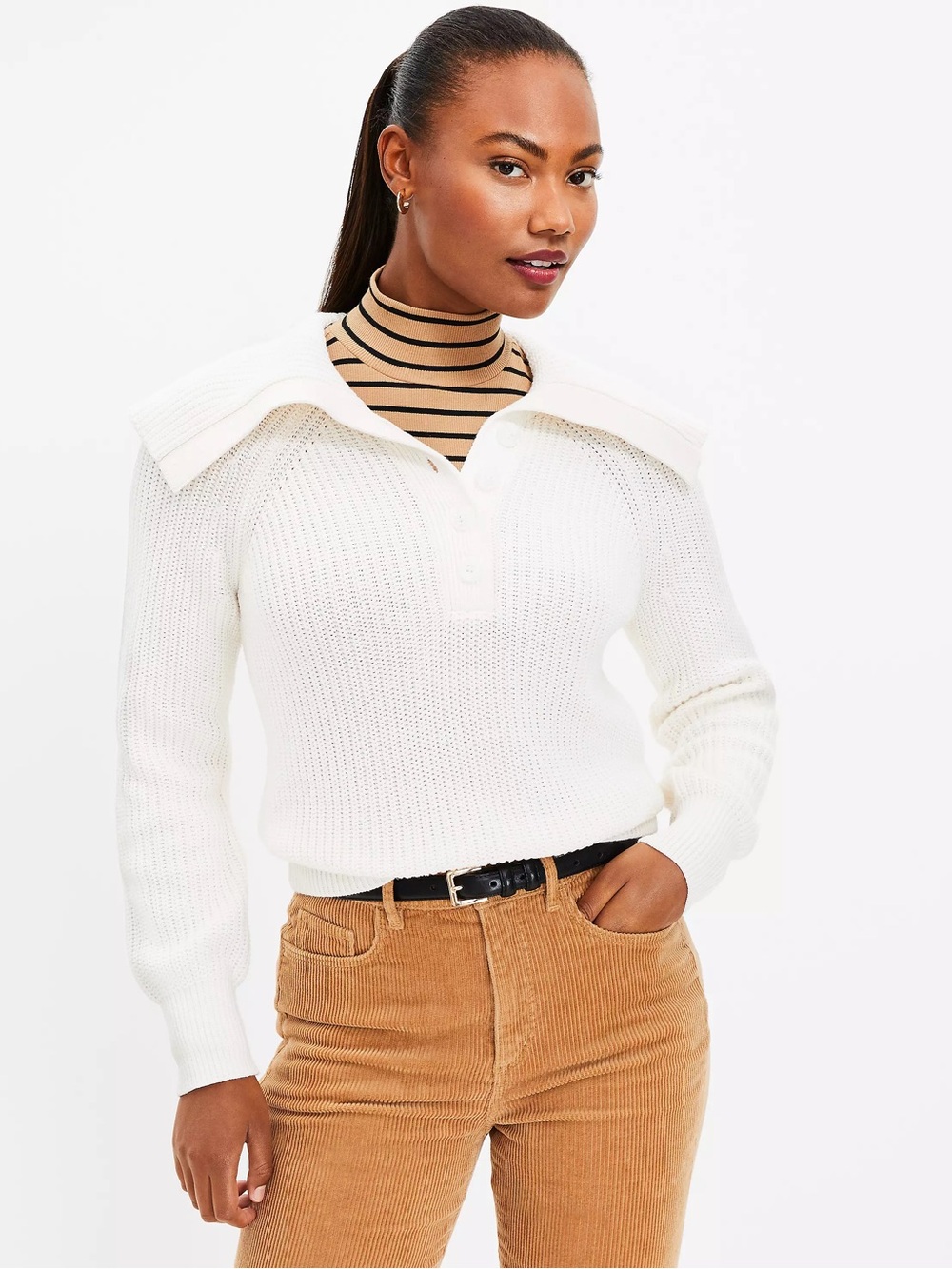 Loft white cream ribbed collar cape knit cottagecore cozy sweater size XS